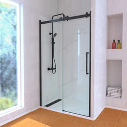 Porte de Douche Coulissante Industriel 120x200 + Receveur Blanc + Colonne de Douche Thermostatique