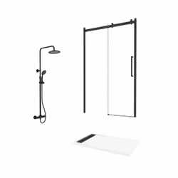 Porte de Douche Coulissante Industriel 120x200 + Receveur Blanc + Colonne de Douche Thermostatique