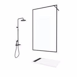 Paroi de Douche 120x200 Verre 8mm & Cadre Noir + Receveur Blanc 80x120 + Colonne de Douche Mécanique