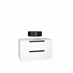 Meuble salle de bains 80 cm Blanc Laqué à suspendre - 2 tiroirs - Vasque Noire Ø36 cm