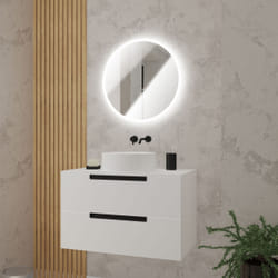 Meuble salle de bains 80cm Blanc Laqué 2 tiroirs - Vasque Blanche Ø36cm et Miroir Rond à Led