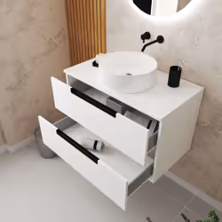 Meuble salle de bains 80cm Blanc Laqué 2 tiroirs - Vasque Blanche Ø36cm et Miroir Rond à Led