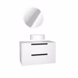 Meuble salle de bains 80cm Blanc Laqué 2 tiroirs - Vasque Blanche Ø36cm et Miroir Rond à Led