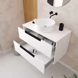 Meuble salle de bains 80 cm Blanc - 2 tiroirs - Vasque Blanche Ø36 cm et Miroir Rond Ø60 cm - JAZZ