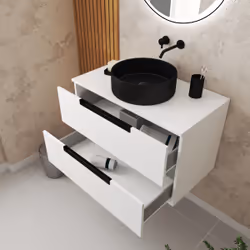 Meuble salle de bains 80cm Blanc Laqué 2 tiroirs - Vasque Noire Ø36cm et Miroir Rond Black Led