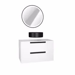 Meuble salle de bains 80cm Blanc Laqué 2 tiroirs - Vasque Noire Ø36cm et Miroir Rond Black Led