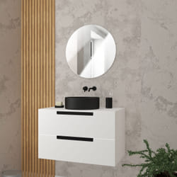Meuble salle de bains 80 cm Blanc - 2 tiroirs - Vasque Noire Ø36 cm et Miroir Rond - JAZZ