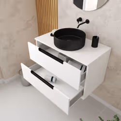 Meuble salle de bains 80 cm Blanc - 2 tiroirs - Vasque Noire Ø36 cm et Miroir Rond - JAZZ