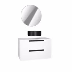 Meuble salle de bains 80 cm Blanc - 2 tiroirs - Vasque Noire Ø36 cm et Miroir Rond - JAZZ