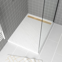Receveur en acrylique Blanc Effet Pierre 90x120x4 cm + Grilles Linéaires Chrome et Or Brossé - moon