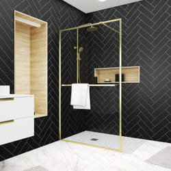 Paroi de Douche Or Doré Brossé 120x200cm - Porte-serviette et étagère - GOLDY CONTOURING SHELF