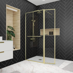Aurlane - Paroi de Douche avec Volet Pivotant 90+40x200 cm - Porte-serviette + Etagère Finition Or Doré Brossé