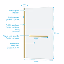 Pare-baignoire Rabattable avec porte-serviette 70x120 cm - Profilé Or Brossé - Verre 4 mm - Vue supplémentaire 4