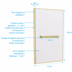 Pare baignoire Rabattable 75x130cm en Verre trempé - Porte-serviette et Etagère Or Doré Brossé - Vue supplémentaire 4