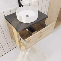 Meuble salle de bains 60cm Chêne Naturel 2 Tiroirs - Plan Effet Marbre Noir + Vasque Ronde Blanche