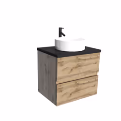 Meuble salle de bains 60cm Chêne Naturel 2 Tiroirs - Plan Effet Marbre Noir + Vasque Ronde Blanche