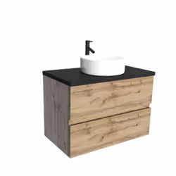 Meuble salle de bains 80cm Chêne Naturel 2 Tiroirs - Plan Effet Marbre Noir + Vasque Ronde Blanche