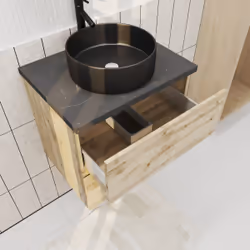Meuble salle de bains 60cm Chêne Naturel 2 Tiroirs - Plan Effet Marbre Noir + Vasque Ronde Noire