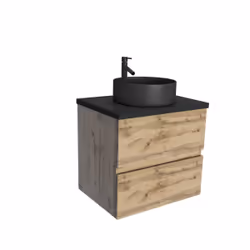 Meuble salle de bains 60cm Chêne Naturel 2 Tiroirs - Plan Effet Marbre Noir + Vasque Ronde Noire