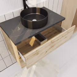 Meuble salle de bains 80cm Chêne Naturel 2 Tiroirs - Plan Effet Marbre Noir + Vasque Ronde Noire