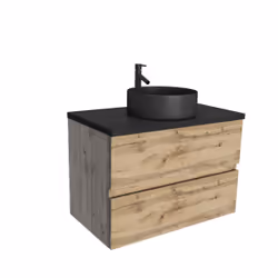 Meuble salle de bains 80cm Chêne Naturel 2 Tiroirs - Plan Effet Marbre Noir + Vasque Ronde Noire