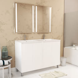 Meuble Salle de Bains 120 cm Laqué Blanc 4 Portes, Vasque, Miroirs 60x80 à Leds intégrées - XENOS
