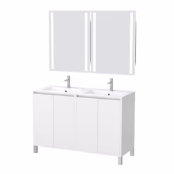 Meuble Salle de Bains 120 cm Laqué Blanc 4 Portes, Vasque, Miroirs 60x80 à Leds intégrées - XENOS