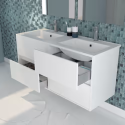 Aurlane - Meuble Salle de Bains 120 cm Laqué Blanc 4 Tiroirs, Vasque, Miroirs 60x80 et Réglettes Led - xenos