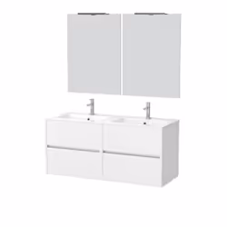 Aurlane - Meuble Salle de Bains 120 cm Laqué Blanc 4 Tiroirs, Vasque, Miroirs 60x80 et Réglettes Led - xenos