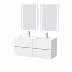 Meuble Salle de Bains 120 cm Laqué Blanc 4 Tiroirs, Vasque, Miroirs 60x80 à Leds intégrées - XENOS