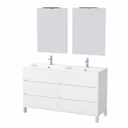 Meuble Salle de Bains 120 cm Laqué Blanc 6 Tiroirs, Vasque, Miroirs 60x80 et Réglettes Led - xenos