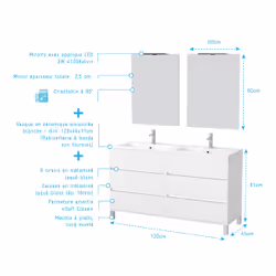 Meuble Salle de Bains 120 cm Laqué Blanc 6 Tiroirs, Vasque, Miroirs 60x80 et Réglettes Led - xenos - Vue supplémentaire 4