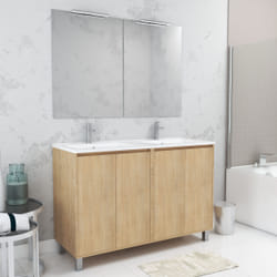 Aurlane - Meuble Salle de Bains 120 cm Chêne Clair 4 Portes, Vasque, Miroirs 60x80 et Réglettes Led - xenos
