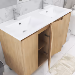 Aurlane - Meuble Salle de Bains 120 cm Chêne Clair 4 Portes, Vasque, Miroirs 60x80 et Réglettes Led - xenos