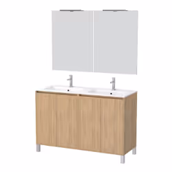 Aurlane - Meuble Salle de Bains 120 cm Chêne Clair 4 Portes, Vasque, Miroirs 60x80 et Réglettes Led - xenos