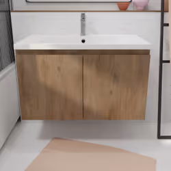 Meuble de salle de bains 80cm à Suspendre Décor Bois Clair - 2 Portes - Vasque Blanche - ELEMENTARY - Vue supplémentaire 5