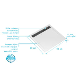 Receveur en acrylique Blanc Effet Pierre 90x90x4cm + Grilles Linéaires Chrome et Gun Metal