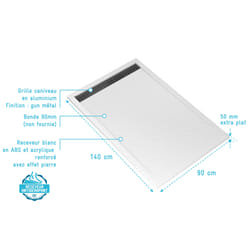 Aurlane - Receveur en acrylique Blanc Effet Pierre 90x140x5 cm + Grilles Linéaires Chrome et Gun Metal