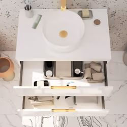 Meuble Salle de Bains 80 cm Laqué Blanc et Or Doré - 2 Tiroirs - Vasque Ronde à Poser Blanche
