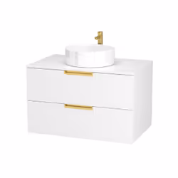 Meuble Salle de Bains 80 cm Laqué Blanc et Or Doré - 2 Tiroirs - Vasque Ronde à Poser Blanche