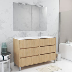 Meuble Salle de Bains 120 cm Chêne Clair 6 Tiroirs, Vasque, Miroirs 60x80 et Réglettes Led - xenos