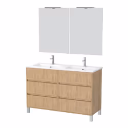 Meuble Salle de Bains 120 cm Chêne Clair 6 Tiroirs, Vasque, Miroirs 60x80 et Réglettes Led - xenos