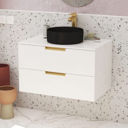 Meuble Salle de Bains 80 cm Laqué Blanc et Or Doré - 2 Tiroirs - Vasque Ronde à Poser Noire