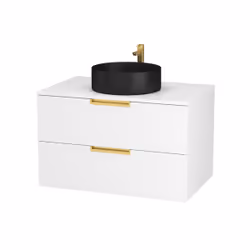 Meuble Salle de Bains 80 cm Laqué Blanc et Or Doré - 2 Tiroirs - Vasque Ronde à Poser Noire