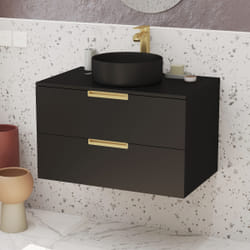 Meuble Salle de Bains 80 cm Laqué Noir Mat et Or Doré - 2 Tiroirs - Vasque Ronde à Poser Noire