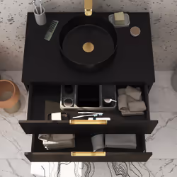 Meuble Salle de Bains 80 cm Laqué Noir Mat et Or Doré - 2 Tiroirs - Vasque Ronde à Poser Noire