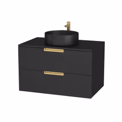 Meuble Salle de Bains 80 cm Laqué Noir Mat et Or Doré - 2 Tiroirs - Vasque Ronde à Poser Noire