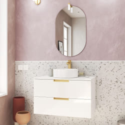 Aurlane - Meuble Salle de Bains 80cm Laqué Blanc et Or Doré 2 Tiroirs - Vasque Blanche - Miroir & Applique Led