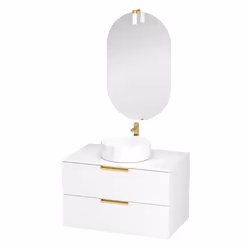 Aurlane - Meuble Salle de Bains 80cm Laqué Blanc et Or Doré 2 Tiroirs - Vasque Blanche - Miroir & Applique Led