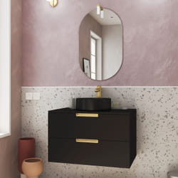 Aurlane - Meuble Salle de Bains 80cm Noir Mat et Or Doré 2 Tiroirs - Vasque Noire - Miroir & Applique Led